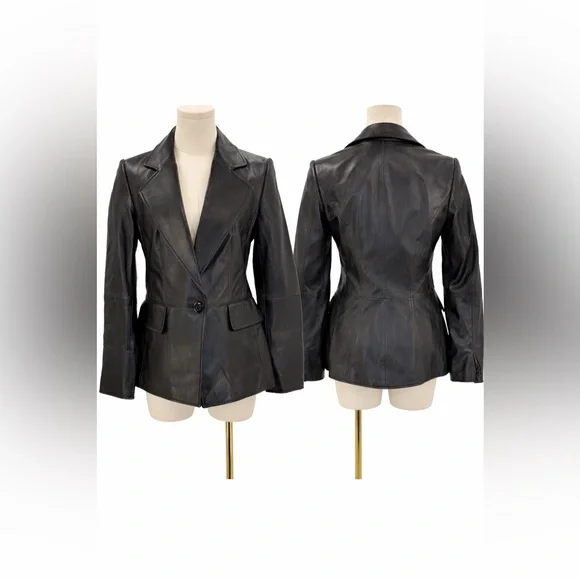 Ellen Tracy Genuine Black Leather Blazer Jacket Tailored Fit Single Button SZ 2 - Picture 2 of 14